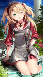 Rule 34 | 1girl, admiral hipper (azur lane), ahoge, azur lane, blonde hair, blush, buttons, choker, collarbone, cross, double-breasted, flower, green eyes, hat, highres, iron cross, long hair, one eye closed, open mouth, outdoors, partially submerged, plant, pleated skirt, rose, sitting, skirt, solo, sunlight, two side up, v-shaped eyebrows, water, yasume yukito