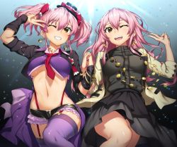 Rule 34 | 10s, 2girls, ;d, alternate hairstyle, bow, breasts, dual persona, gradient background, hair bow, hair down, hat, holding hands, idolmaster, idolmaster cinderella girls, jewelry, jougasaki mika, jpeg artifacts, long hair, multiple girls, necklace, neo-masterpeacer, one eye closed, open mouth, pink hair, smile, thighhighs, twintails, underboob, v, v over eye, yellow eyes