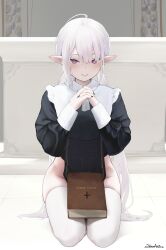 Rule 34 | 1girl, absurdres, blush, elf, fingernails, grey hair, groin, highres, interlocked fingers, long sleeves, looking at viewer, nail polish, nun, original, own hands together, pelvic curtain, pointy ears, purple eyes, seiza, sidelocks, signature, sitting, smile, solo, star anise, thighhighs, white thighhighs