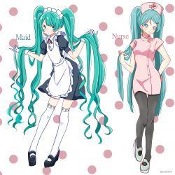 Rule 34 | 2girls, :o, absurdres, apron, aqua eyes, aqua hair, bad id, bad pixiv id, black dress, black legwear, blue eyes, commentary, cross print, dress, dual persona, frilled apron, frills, full body, gloves, hand on own hip, hat, hatsune miku, highres, holding, holding own hair, long hair, looking at viewer, maid, maid apron, maid headdress, multiple girls, nurse, nurse cap, pantyhose, parted lips, pink dress, pink headwear, polka dot, polka dot background, short sleeves, smile, standing, thighhighs, twintails, twitter username, very long hair, vocaloid, white apron, white background, white gloves, white legwear, yuneko1214
