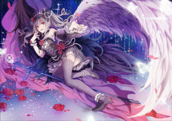 Rule 34 | 10s, 1girl, angel wings, ankle garter, bare shoulders, black feathers, black wings, blush, detached sleeves, drill hair, feathered wings, feathers, flower, gothic lolita, grey thighhighs, hair flower, hair ornament, high heels, idolmaster, idolmaster cinderella girls, kanzaki ranko, koyuiko, lolita fashion, long hair, looking at viewer, open mouth, petals, red eyes, rose, silver hair, smile, solo, staff, thighhighs, tiara, twin drills, twintails, white feathers, white wings, wings
