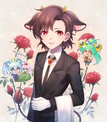 Rule 34 | 4girls, animal ears, black necktie, brown hair, cat girl, chibi, collared shirt, cow ears, cow horns, formal, gloves, highres, holmy (show by rock!!), horns, jacqueline (show by rock!!), looking at viewer, mel6969, multiple girls, necktie, red eyes, rosia (show by rock!!), shirt, short hair, show by rock!!, solo focus, suit, tsukino (show by rock!!), white gloves