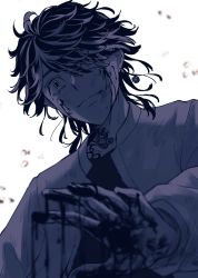 Rule 34 | 1boy, blood, blood on face, blood on hands, closed mouth, earrings, greyscale, hanemiya kazutora, highres, jacket, jewelry, long hair, long sleeves, looking at viewer, male focus, monochrome, neck tattoo, sekine (heart), shirt, simple background, single earring, smile, solo, tattoo, tokyo revengers, upper body