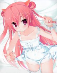 Rule 34 | 1girl, absurdres, bad id, bad yandere id, bare shoulders, collarbone, dress, hidan no aria, highres, kanzaki h. aria, kobuichi, light smile, long hair, looking at viewer, lying, on back, pink hair, pointing, red eyes, ribbon, scan, single thighhigh, skirt, smile, solo, sundress, thighhighs, very long hair, white dress, white skirt, white thighhighs, wrist ribbon