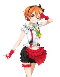 Rule 34 | 10s, 1girl, arm up, black bow, black hairband, black shorts, bokura wa ima no naka de, bow, cleavage cutout, clothing cutout, fingerless gloves, gloves, green eyes, grin, hair bow, hair ornament, hairband, hoshizora rin, looking at viewer, love live!, love live! school idol project, midriff, navel, necktie, orange hair, red gloves, salute, shiny skin, shirt, short hair, shorts, skirt, sleeveless, sleeveless shirt, smile, solo, standing, star (symbol), star hair ornament, stomach, striped, striped necktie, thigh strap, transparent background, white shirt