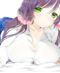 Rule 34 | 10s, 1girl, bad id, bad pixiv id, black hair, breasts, cleavage, collarbone, female focus, green eyes, large breasts, long hair, looking at viewer, love live!, love live! school idol project, low twintails, lying, mozuku0613, on stomach, school uniform, scrunchie, shirt, skirt, smile, solo, tojo nozomi, twintails
