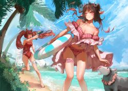 Rule 34 | 2girls, :d, ^ ^, angelina (arknights), angelina (summer flower) (arknights), animal ears, arknights, banban ban, bare arms, bare shoulders, barefoot, bikini, blue sky, blush, breasts, bridal garter, brown hair, chinese commentary, cleavage, closed eyes, cloud, coconut tree, collarbone, commentary request, day, eyjafjalla (arknights), eyjafjalla (summer flower) (arknights), feet out of frame, gradient hair, highres, holding, holding swim ring, holding water gun, horns, innertube, long hair, multicolored hair, multiple girls, navel, off-shoulder bikini, off shoulder, one-piece swimsuit, one eye closed, open mouth, palm tree, pink bikini, pink eyes, pink hair, red one-piece swimsuit, sheep, sheep ears, sheep horns, short sleeves, sky, smile, standing, striped innertube, swim ring, swimsuit, thigh strap, thighs, tree, twintails, water gun