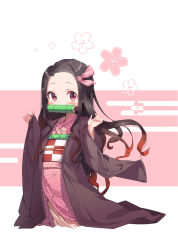 Rule 34 | 1girl, bamboo, bit gag, black hair, blush, brown hair, checkered sash, commentary request, fingernails, floral background, forehead, full body, gag, gradient hair, hair ribbon, highres, japanese clothes, kamado nezuko, kimetsu no yaiba, kimono, long hair, long sleeves, looking at viewer, mouth hold, multicolored hair, nail polish, newey, obi, open clothes, parted bangs, pinching, pink background, pink kimono, pink nails, pink ribbon, red eyes, ribbon, sash, sharp fingernails, sleeves past wrists, solo, standing, two-tone background, very long hair, white background, wide sleeves