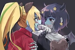 Rule 34 | 2girls, animal ears, bandaged arm, bandages, biting, black background, black hair, blonde hair, blue skin, colored skin, constricted pupils, costume, fang, female focus, flower, gloves, hair flower, hair ornament, horns, long hair, mizuno ai, multicolored hair, multiple girls, nikaidou saki, open mouth, ponytail, red eyes, scar, scar on face, sgen, short hair, simple background, single horn, stitches, teeth, upper body, upper teeth only, wings, zombie, zombie land saga
