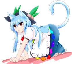 Rule 34 | &gt;:&lt;, 1girl, :&lt;, all fours, animal ears, barefoot, blue hair, blush, cat ears, cat tail, closed mouth, focused, hat, highres, hinanawi tenshi, kemonomimi mode, king (ougon kingyo-bachi), long hair, paw pose, red eyes, sash, solo, sweatdrop, tail, touhou, v-shaped eyebrows
