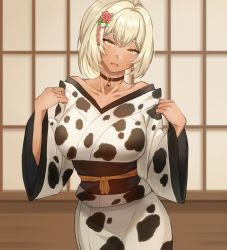 Rule 34 | 1girl, animal print, bell, black choker, blonde hair, breasts, choker, collarbone, cona ember (jagaimo (kkamja)), cow print, dark-skinned female, dark skin, flower, hair flower, hair ornament, jagaimo (kkamja), japanese clothes, jingle bell, kimono, large breasts, long sleeves, looking at viewer, neck bell, open mouth, original, short hair, solo, white kimono, wide sleeves, yellow eyes