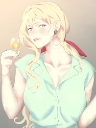 Rule 34 | 1girl, alternate costume, aqua dress, blonde hair, blue eyes, blush, breasts, clip studio paint (medium), cup, dress, drinking glass, earrings, gradient background, hair between eyes, highres, holding, holding cup, jewelry, kantai collection, large breasts, long hair, looking at viewer, mole, mole under eye, mole under mouth, richelieu (kancolle), shingyou (alexander-13), sleeveless, sleeveless dress, smile, solo, wine glass