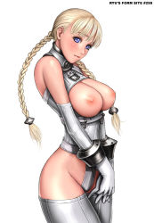 Rule 34 | 1girl, armor, blonde hair, blue eyes, blush, braid, breastless clothes, breasts, hair over shoulder, large breasts, nipples, original, ryu (ryu&#039;s form site), science fiction, solo, thighhighs, twin braids