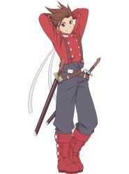 Rule 34 | 1boy, arms behind head, boots, buttons, commentary, english commentary, highres, lloyd irving, long sleeves, looking at viewer, male focus, official art, pants, red footwear, smile, spiked hair, suspenders, tales of (series), tales of asteria, tales of symphonia, teeth, transparent background