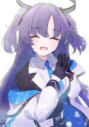 Rule 34 | 1girl, black gloves, blue archive, blue necktie, blush, collared shirt, facing viewer, formal, gloves, halo, highres, jacket, long hair, long sleeves, mechanical halo, mikishiro, necktie, open clothes, open jacket, open mouth, purple hair, shirt, simple background, smile, solo, suit, two side up, white background, white jacket, white shirt, yuuka (blue archive)