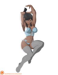 Rule 34 | 1girl, armpits, arms up, avatar legends, black hair, blue eyes, blue panties, blue thighhighs, breasts, bustier, female focus, full body, garter belt, garter straps, hair ornament, hair tubes, high ponytail, korra, large breasts, lingerie, long hair, looking at viewer, navel, panties, ponytail, shiny skin, sidelocks, simple background, smile, solo, strapless, swept bangs, the legend of korra, thighhighs, toes, underwear, underwear only, white background