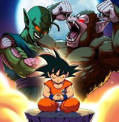 Rule 34 | 2boys, absurdres, antennae, ape, black hair, body fur, brown fur, child, closed eyes, colored sclera, colored skin, dougi, dragon ball, dragon ball (classic), fangs, full moon, glowing, glowing eyes, goku day, green skin, highres, male focus, meditation, monkey, moon, multiple boys, muscular, muscular male, oozaru, open mouth, orange pants, orange shirt, pants, pea-bean, piccolo daimaou, pointy ears, red eyes, red sclera, shirt, spiked hair