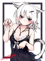 Rule 34 | 1girl, animal ears, artist name, blue eyes, blush, cat ears, cat tail, dated, frills, hair ornament, hairclip, highres, jewelry, necklace, nightgown, original, otokuyou, paw pose, short hair, sketch, solo, tail, white background, white hair