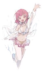 Rule 34 | 1girl, commentary, hair ornament, hairpin, highres, jacket, jewelry, long sleeves, momomo (m0 3), navel, necklace, ootori emu, open clothes, open jacket, open mouth, pink eyes, project sekai, see-through, short hair, slippers, solo, swimsuit, white background