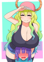 Rule 34 | 1boy, 1girl, absurdres, adjusting clothes, adjusting headwear, age difference, black thighhighs, blonde hair, breast rest, breasts, breasts on head, child, closed eyes, dragon horns, embarrassed, eyebrows, green hair, hat, highres, horns, horns through headwear, huge breasts, kobayashi-san chi no maidragon, lucoa (maidragon), magatsuchi shouta, nervous, no eyes, onee-shota, open mouth, purple hair, shiny skin, short hair, smile, the only shoe, thighhighs, thighs