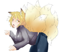 Rule 34 | 1girl, alternate costume, animal ears, bacho, bent over, blonde hair, contemporary, denim, earrings, female focus, fox ears, fox tail, jeans, jewelry, long sleeves, looking at viewer, multiple tails, open mouth, pants, ribbed sweater, single earring, solo, sweater, tail, touhou, yakumo ran, yellow eyes