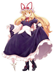 Rule 34 | 1girl, aged down, blonde hair, boots, bow, choker, closed umbrella, curiosities of lotus asia, detached sleeves, dress, female focus, gloves, haniwa, haniwa (leaf garden), hat, high heels, highres, long hair, mob cap, orange eyes, planted, planted umbrella, ribbon, shoes, skirt hold, smile, solo, touhou, umbrella, white gloves, yakumo yukari, yakumo yukari (young)