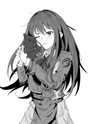 Rule 34 | 1girl, absurdres, animal, belt, belt buckle, black cat, buckle, cat, collared dress, cropped legs, dress, greyscale, highres, holding, holding animal, holding cat, inoue takina, joker (jjjokerrr233), long hair, long sleeves, looking at viewer, lycoris recoil, lycoris uniform, monochrome, neck ribbon, one eye closed, parted lips, ribbon, sidelocks, simple background, solo, white background