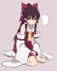 Rule 34 | &gt;:(, 1girl, absurdres, ascot, bare shoulders, blush, bow, brown hair, cocked eyebrow, detached sleeves, frown, hair bow, hair tubes, hakurei reimu, highres, large bow, leon (mikiri hassha), long hair, looking at viewer, ponytail, red eyes, seiza, sidelocks, sitting, sketch, solo, sweat, touhou, v-shaped eyebrows, yellow ascot