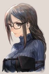 Rule 34 | 1girl, akuta hinako, arm strap, asymmetrical bangs, breasts, brown eyes, brown hair, earrings, fate/grand order, fate (series), glasses, grey background, hair behind eyewear, hungry clicker, impossible clothes, jewelry, long hair, ribbed sweater, sidelocks, simple background, solo, sweater, turtleneck, turtleneck sweater, yu mei-ren (first ascension) (fate)