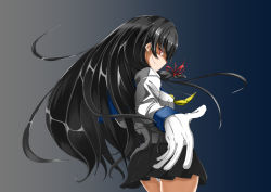 Rule 34 | 10s, 1girl, black hair, black skirt, blue background, evil grin, evil smile, foreshortening, from side, gloves, gradient background, grin, hair ribbon, isokaze (kancolle), kantai collection, long hair, long sleeves, looking at viewer, mainu, miniskirt, panties, pantyshot, red eyes, red ribbon, ribbon, skirt, smile, smirk, solo, spread fingers, standing, tress ribbon, underwear, very long hair, white gloves