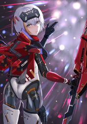Rule 34 | 1girl, absurdres, breasts, closed mouth, cyborg, forehead protector, grey hair, headgear, highres, holding, holding weapon, looking at viewer, mechanical parts, mechanical wings, medium breasts, medium hair, official alternate costume, punishing: gray raven, rosetta: rigor (niki us1000) (punishing: gray raven), rosetta (punishing: gray raven), solo, weapon, wings, yellow eyes, yuzexit565