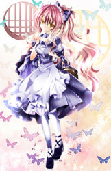 Rule 34 | 1girl, adapted costume, alternate hairstyle, bad id, bad pixiv id, blonde hair, bow, bug, butterfly, dress, female focus, full body, gradient background, gradient hair, hair bow, high heels, hijiri byakuren, insect, long hair, maid, maid headdress, multicolored hair, musical note, nanase nao, pantyhose, purple hair, shoes, smile, solo, touhou, two-tone hair, very long hair, white pantyhose, yellow eyes