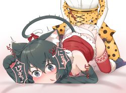 Rule 34 | 2girls, animal ears, animal hands, black eyes, black hair, blush, cat ears, cat tail, chis (js60216), clothing aside, dress, drooling, elbow gloves, futanari, gloves, gradient background, hair ornament, highres, kaban (kemono friends), kemono friends, multiple girls, open mouth, panties, panties aside, paw gloves, paw shoes, pussy juice, serval (kemono friends), serval print, sex, tail, thighhighs, top-down bottom-up, trembling, underwear, unusual pupils