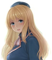 Rule 34 | 1girl, absurdres, ascot, atago (kancolle), beret, blonde hair, blue hat, breasts, enri (enriko683), hat, highres, kantai collection, large breasts, long hair, looking at viewer, military, military uniform, simple background, smile, solo, uniform, white ascot, white background