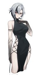Rule 34 | 1girl, alternate costume, arlecchino (genshin impact), arm tattoo, bare shoulders, black dress, black eyes, black hair, black hands, breasts, colored extremities, commentary, dress, genshin impact, grey hair, hand up, highres, large breasts, looking at viewer, multicolored hair, pelvic curtain, rinshu cg, short hair, simple background, sleeveless, sleeveless dress, solo, standing, streaked hair, tattoo, thighs, turtleneck, turtleneck dress, white background