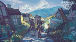 Rule 34 | 2girls, arknights, armor, bare tree, blue sky, boots, chaps, closed eyes, cloud, copyright name, female focus, fence, foliage, grani (arknights), grass, greaves, grey hair, highres, klegsart, long coat, long hair, looking at viewer, multiple girls, red eyes, road, road sign, scenery, shoes, sign, skadi (arknights), sky, sneakers, stretching, sword, tree, village, watermark, weapon, yawning
