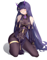 Rule 34 | 1girl, :p, absurdres, bare shoulders, beijiushui, black pantyhose, breasts, china dress, chinese clothes, cleavage, dress, full body, glasses, hair between eyes, hair ornament, highres, honkai (series), honkai impact 3rd, horns, long hair, looking at viewer, pantyhose, purple sleeves, raiden mei, raiden mei (herrscher of thunder), seiza, simple background, sitting, solo, thighs, tongue, tongue out, white background