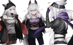 Rule 34 | 1girl, animal ears, arknights, bare shoulders, beanie, black headwear, black jacket, black skirt, breasts, brown pantyhose, closed mouth, coat, crop top, cropped legs, frostleaf (arknights), frostleaf (breaking the ice) (arknights), grey hair, grey shirt, hat, highres, holster, inu to milk, jacket, long hair, midriff, miniskirt, multiple views, navel, off-shoulder shirt, off shoulder, one eye closed, pantyhose, purple shirt, red coat, red eyes, sequential, shirt, simple background, skirt, small breasts, strapless, strapless shirt, tail, thigh holster, undressing, white background