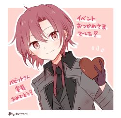 Rule 34 | 1girl, bad id, bad pixiv id, bazett fraga mcremitz, black necktie, black suit, blush, breasts, candy, chocolate, chocolate heart, coat, collared shirt, dress shirt, fate/grand order, fate (series), food, formal, gloves, grey coat, grey jacket, heart, jacket, long sleeves, looking at viewer, manannan mac lir (fate), manannan mac lir (first ascension) (fate), medium breasts, mole, mole under eye, necktie, open clothes, open coat, parted bangs, red eyes, red hair, red shirt, shirt, short hair, smile, solo, suit, translation request, yume oji san