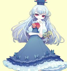 Rule 34 | 1girl, blue hair, blue hat, bouquet, dress, envelope, flower, hat, kamishirasawa keine, long hair, red eyes, simple background, solo, standing, touhou, yellow background, yokoe (mealtime)