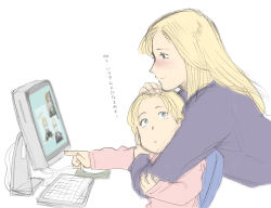Rule 34 | 2girls, blonde hair, blue eyes, blush, computer, hand on head, highres, hug, hug from behind, monitor, mother and daughter, multiple girls, nappii (nappy happy), natalia poklonskaya, pointing, real life, simple background, translated