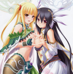 Rule 34 | 2girls, artbook, artist request, bare shoulders, black hair, blonde hair, blush, breast press, breasts, breasts out, brown eyes, detached sleeves, elf, feather hair ornament, feathers, fingerless gloves, gloves, feather hair ornament, hair ornament, heart, heart hands, heart hands duo, kamidori alchemy meister, large breasts, long hair, magic circle, multiple girls, official art, pointy ears, red eyes, scan, servalwi endoss, smile, symmetrical docking, twintails, very long hair, yuela