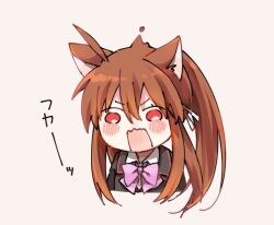 Rule 34 | 1girl, ahoge, angry, animal ears, black jacket, blush, bow, brown hair, cat ears, chibi, commentary, hair ribbon, hissing, jacket, little busters!, long hair, looking at viewer, natsume rin, open mouth, pink bow, ponytail, red eyes, ribbon, sidelocks, simple background, solo, sound effects, symbol-only commentary, translated, upper body, v-shaped eyebrows, very long hair, wavy mouth, white background, white ribbon, yutori z71