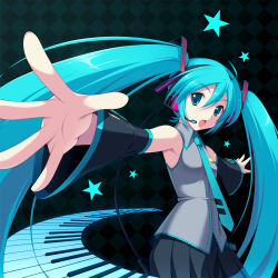 Rule 34 | 1girl, aqua eyes, aqua hair, checkered background, cygnus (cygnus7), detached sleeves, foreshortening, hatsune miku, headset, highres, long hair, necktie, open mouth, outstretched arms, piano keys, revision, skirt, solo, spread arms, star (symbol), twintails, vocaloid