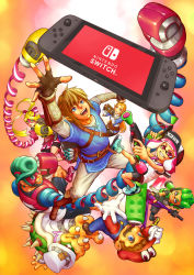 Rule 34 | 3girls, 5boys, absurdres, arms (game), blonde hair, blue eyes, blue hair, bowser, boxing gloves, cappy (mario), facial hair, gloves, green hair, hat, highres, inkling, inkling girl, inkling player character, link, long hair, looking at viewer, male focus, mario, mario (series), mask, multicolored hair, multiple boys, multiple girls, mustache, nintendo, nintendo switch, pink hair, pompadour, ponytail, princess zelda, ribbon, ribbon girl (arms), ribbon hair, short hair, smile, sparky (arms), splatoon (series), splatoon 2, spring man (arms), super mario odyssey, t (numerodieci10), tentacle hair, the legend of zelda, the legend of zelda: breath of the wild, two-tone hair