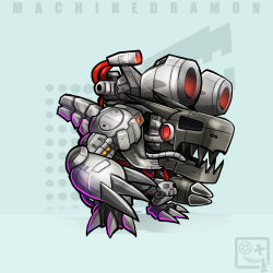 Rule 34 | android, armor, artist request, cannon, chibi, claws, digimon, digimon (creature), fangs, full armor, hungry, machine, mecha, mugendramon, no humans, open mouth, robot, simple background, solo, tail, wire