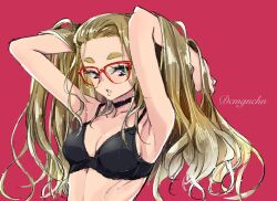 Rule 34 | 1girl, arms up, black bra, black choker, blonde hair, blue eyes, blush, bra, breasts, choker, commentary request, dekomegane, glasses, hands in own hair, long hair, looking at viewer, medium breasts, original, parted lips, red-framed eyewear, red background, sasetsu, simple background, solo, thick eyebrows, underwear, upper body