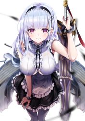 Rule 34 | 1girl, apron, azur lane, bare shoulders, black hairband, breasts, clothing cutout, commentary request, dido (azur lane), earrings, frills, hairband, holding, holding sword, holding weapon, jewelry, large breasts, long hair, looking at viewer, maid, pink eyes, silver hair, simple background, sleeveless, solo, sora (men0105), sword, thighhighs, underboob, underboob cutout, waist apron, weapon, white apron, white background, white thighhighs