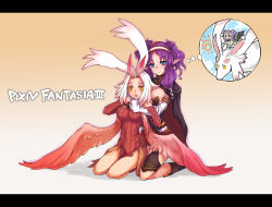 Rule 34 | 2girls, :o, animal ears, blue eyes, breasts, cape, cararina, gigandal federation, kara (color), kneeling, large breasts, letterboxed, multiple girls, pixiv fantasia, pixiv fantasia 3, pointy ears, purple hair, white hair, wings, yellow eyes