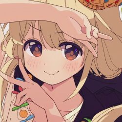 Rule 34 | 1girl, arm up, blonde hair, blush, brown eyes, cape, close-up, closed mouth, collarbone, crown, dot nose, double v, futaba anzu, hand up, idolmaster, idolmaster cinderella girls, idolmaster cinderella girls starlight stage, imakooo5, long hair, looking at viewer, low twintails, mini crown, purple cape, shirt, short sleeves, simple background, smile, solo, twintails, v, v-shaped eyebrows, white background, white shirt